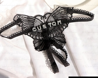 Gepersonaliseerde Lace Thong, aangepaste lingerie, aangepaste Lace Thongs met sieraden Crystal Letter naam voor haar