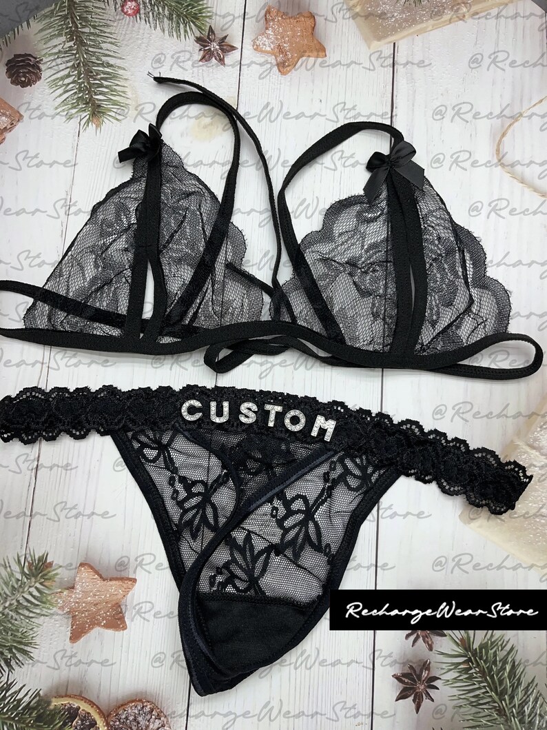 String de soutien-gorge prénom personnalisé, String de soutien-gorge personnalisé en dentelle, Cadeau parfait pour couple, Cadeau d'anniversaire, Cadeau de demoiselle d'honneur, Ensemble de lingerie personnalisé Black