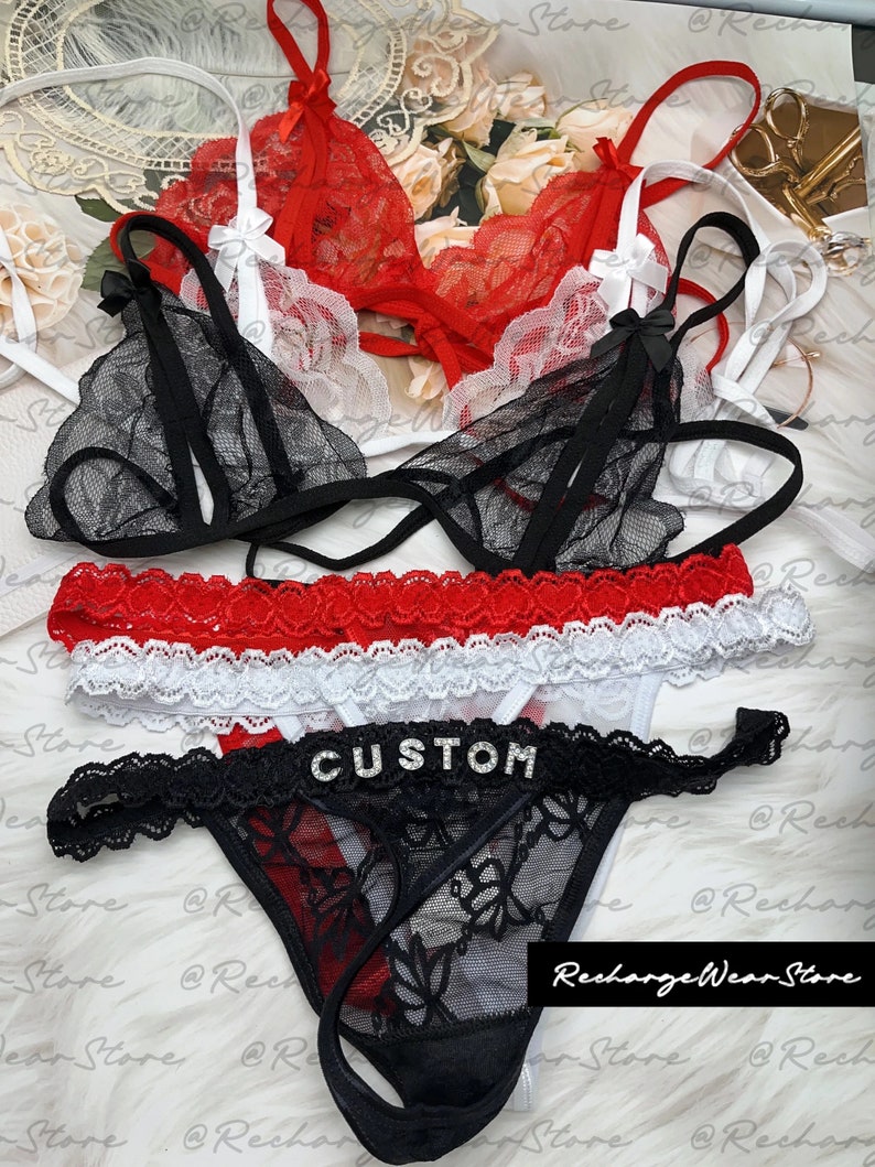 String de soutien-gorge prénom personnalisé, String de soutien-gorge personnalisé en dentelle, Cadeau parfait pour couple, Cadeau d'anniversaire, Cadeau de demoiselle d'honneur, Ensemble de lingerie personnalisé image 2