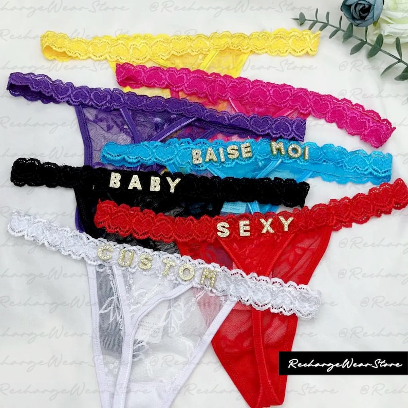Custom Lace Thongs With Jewelry Crystal Letter Name for Her image 2