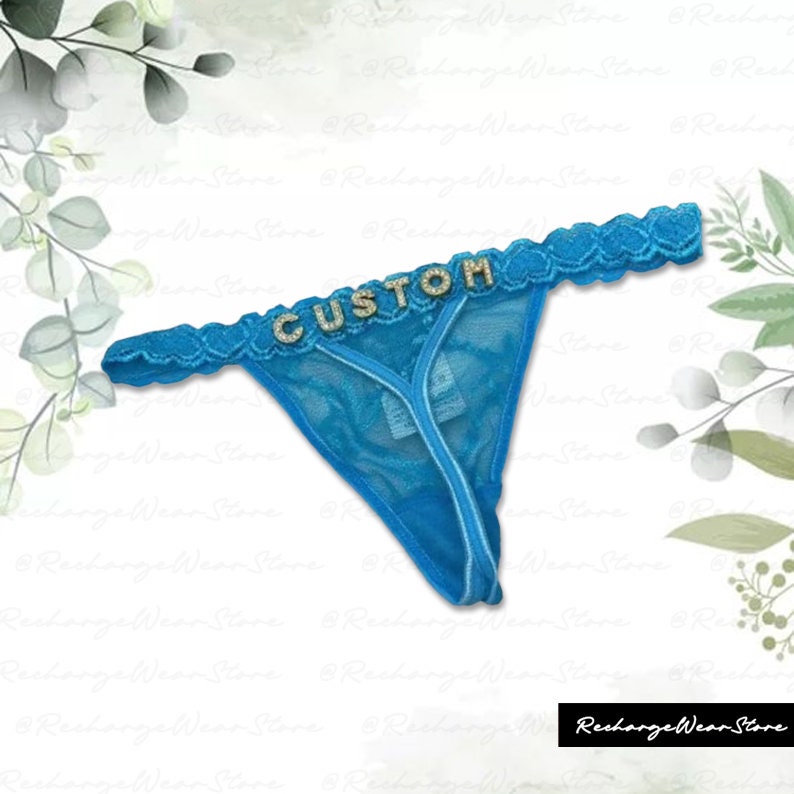 Personalised Name Thong, Custom Lace Thongs With Jewelry Crystal Letter Name For Her, Custom Name Thong, Honymoon Gift for Girlfriend, Wife Blue