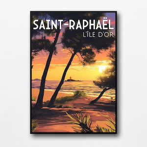 Peut inclure: Une affiche de voyage vintage représentant un coucher de soleil sur une plage avec une petite île au loin. L'affiche porte le texte "SAINT-RAPHAEL L'ÎLE D'OR" en lettres blanches.