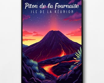 May include: A colorful illustration of a volcano erupting with lava flowing down the side. The volcano is set against a purple and orange sky with stars. The text "Piton de la Fournaise ILE DE LA RÉUNION" is at the top of the image.