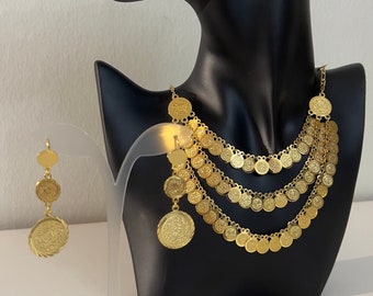 Ensemble de boucles d'oreilles arabes plaqué or 24 carats, couches de collier, or irakien dubaï, pièces de livres turques ottomanes, imitation du ventre égyptien kurde saoudien