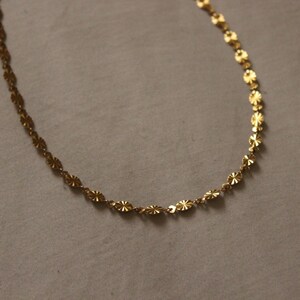 Puede incluir: Un delicado collar dorado con un patr&oacute;n repetitivo de peque&ntilde;os eslabones en forma de flor. La cadena se muestra sobre un fondo neutro, destacando el intrincado dise&ntilde;o y el c&aacute;lido tono met&aacute;lico de la joya.