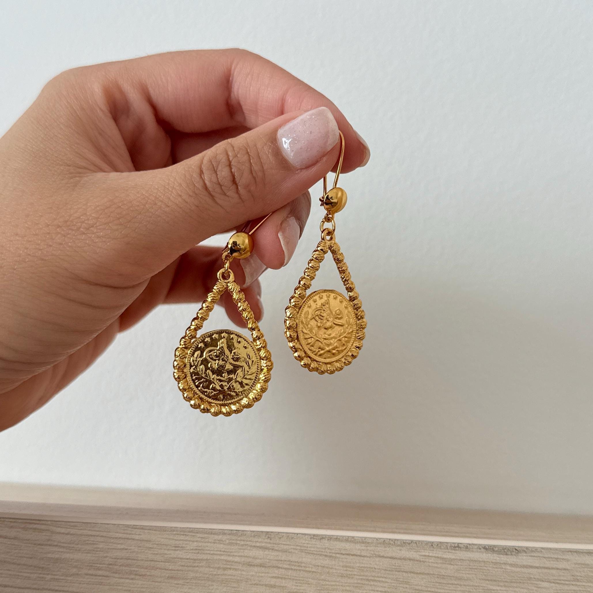 21K Gold Plated Lira Coin Earrings | Baladi Egyptian Earrings 