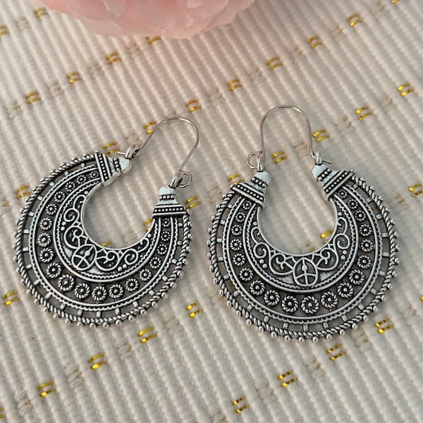 Bohemian Oxidized Silver Earrings Southwest Mexican Boho Hippie Paisley Cowboy Hoops Feather Bali Island Pewter Dangle Mandala Ethnic Retro