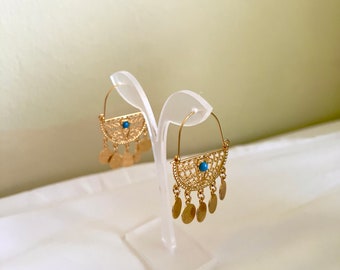 Jasmine Babylon 21K Gold Plated Arabic Earrings Iraqi Dubai Gold Ottoman Turkish Lira Coins Egyptian Blue Ethnic Khaleeji Traditional