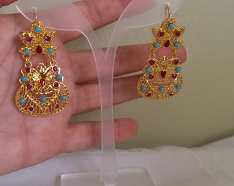 24K Gold Plated gems Omani Arabic Iraqi Dubai Gold Turkish Egyptian Belly Dance Imitation Saudi Khaleeji Kurdish Baladi Long Earrings Africa