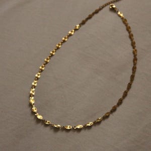 Puede incluir: Un delicado collar dorado con un dise&ntilde;o floral repetido. El collar est&aacute; compuesto por peque&ntilde;os elementos circulares y planos unidos entre s&iacute;. La cadena es fina y el cierre es visible. El collar se presenta sobre un fondo neutro.