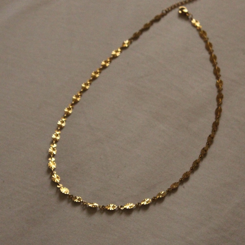 Puede incluir: Un delicado collar dorado con un dise&ntilde;o floral repetido. El collar est&aacute; compuesto por peque&ntilde;os elementos circulares y planos unidos entre s&iacute;. La cadena es fina y el cierre es visible. El collar se presenta sobre un fondo neutro.