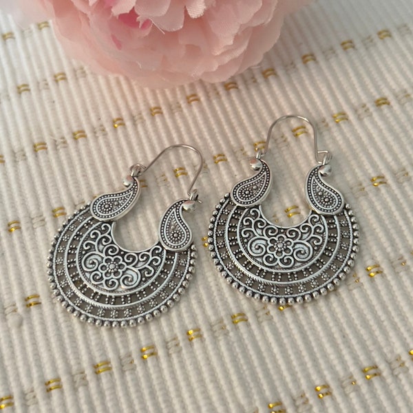 Bohemian Oxidized Silver Earrings Southwest Mexican Boho Hippie Paisley Cowboy Hoops Feather Bali Island Pewter Dangle Mandala Ethnic Retro