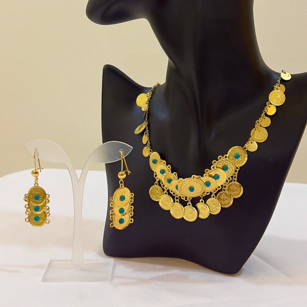 Fayrouz plaqué or 24 carats arabe ensemble boucles d'oreilles collier irakien dubaï or persan ottoman turc égyptien ventre imitation saoudien khaleeji kurde