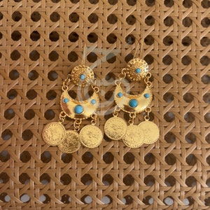 Jasmine Babylon 21K Gold Plated Arabic Earrings Iraqi Dubai Gold Ottoman Turkish Lira Coins Egyptian Blue Ethnic Khaleeji Traditional