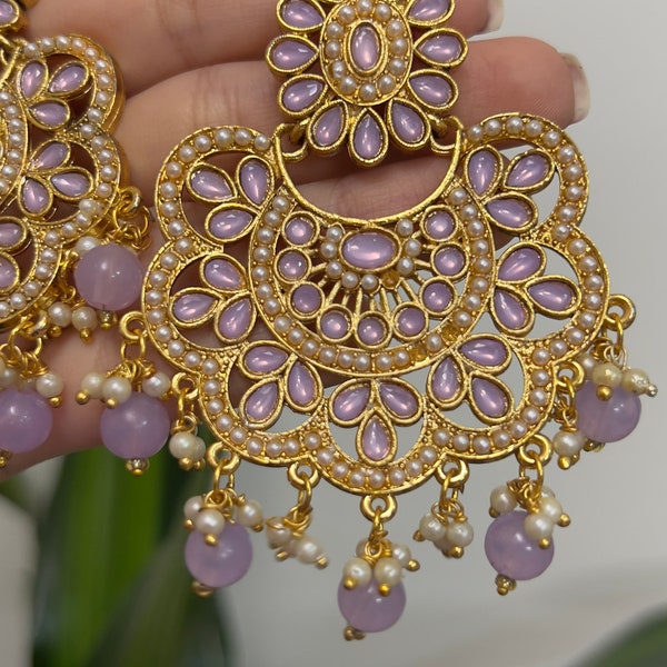 Purple Earrings Indian Jhumka Kundan Bollywood Diwali Temple Chandelier Boho Hippie Gold Polki Punjab Kashmiri Jhumar Pakistani
