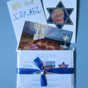 3 biglietti d'auguri bianchi, 3 disegni, A5 con buste. Hanukkah, Bar o Bat Mitzvah. Stampato professionalmente su carta da 340 g/m², tagliato e piegato.