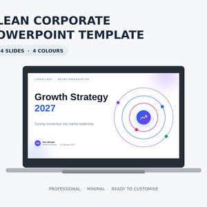 May include: A digital PowerPoint template displayed on a laptop screen, featuring the text Clean Corporate PowerPoint Template, 164 Slides, 4 Colours, Growth Strategy 2027, and a circular graphic with an upward arrow icon.