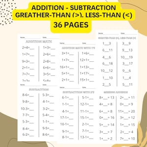 Math Worksheets - Printable - Instant download - Addition - Subtraction - Greater-than, Less-than