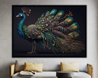 Peacock Painting With Black Background, Peacock Canvas Print, Framed Ready to Hang, Abstract Wall Decor, Blue Peacock Art, Gift for Her