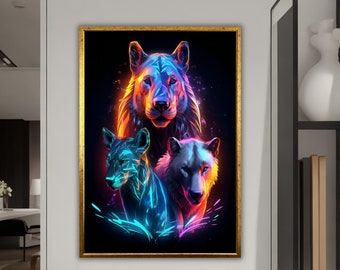 Neon Animals Canvas Print, Ready to Hang, Animal Wall Art, Framed Canvas, Unique Home Decor, Modern Decoration