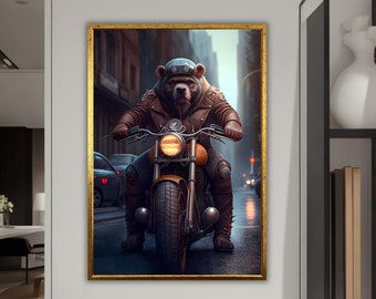 Bear Riding a Motorcycle Canvas Print, Funny Wall Decor, Ready to Hang, Framed Artwork, Perfect Gift Idea