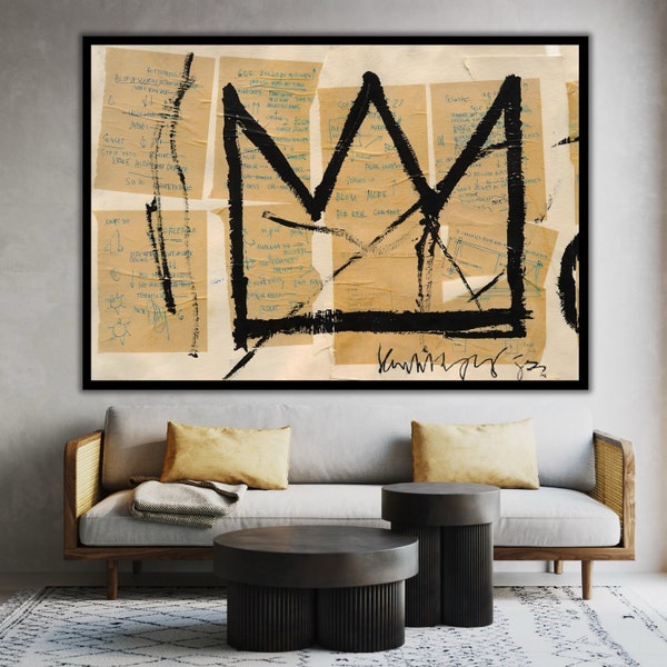 Peinture sur toile street art - Couronne de Jean Michel Basquiat, grande oeuvre d'art murale, décoration murale abstraite chic, cadeau artistique moderne pour la maison ou le bureau