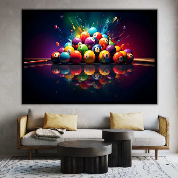 Art mural de salle de jeux, impression sur toile boules de billard colorées, prêt à accrocher, cadeau pour amateur de billard, oeuvre d'art sur toile de billard