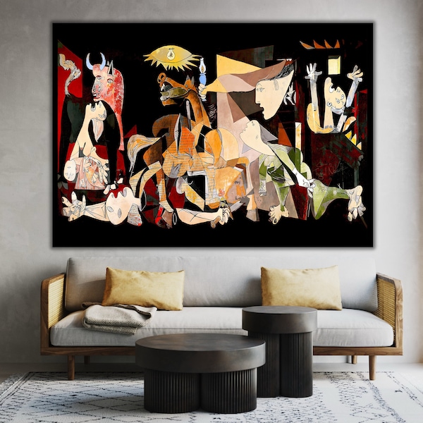 Art mural Guernica coloré, impression sur toile Picasso, oeuvre d'art célèbre, décoration de salon, toile encadrée, décoration murale contemporaine, cadeau vibrant