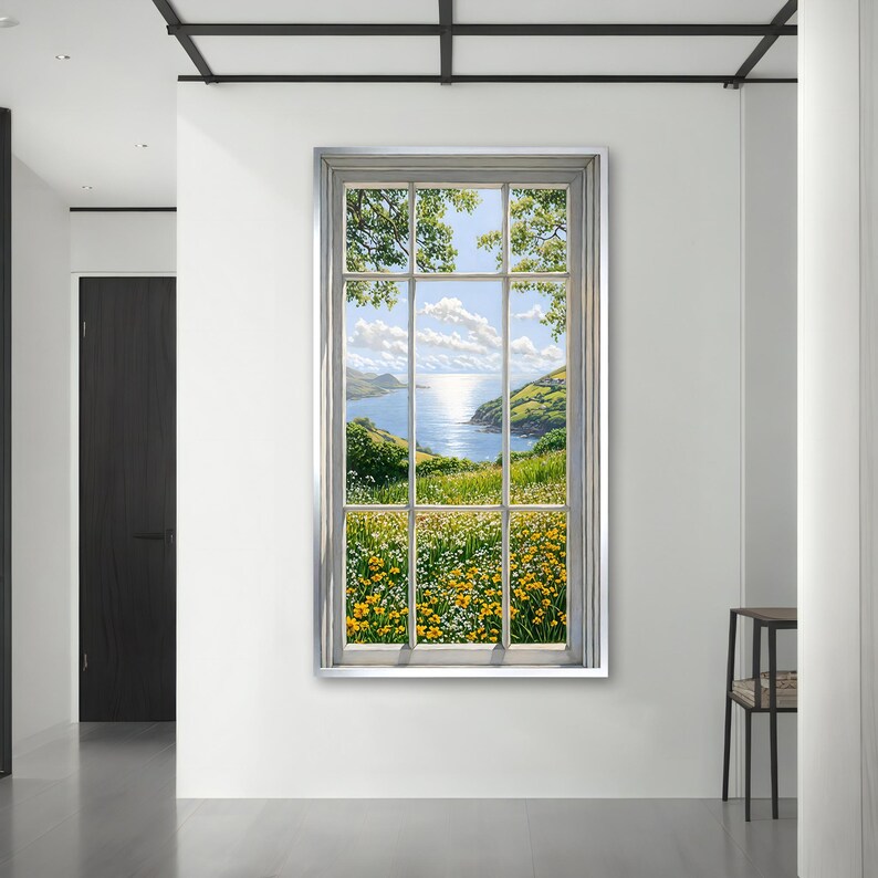 Seaside Window View Canvas Print Coastal Landscape Painting, Fake