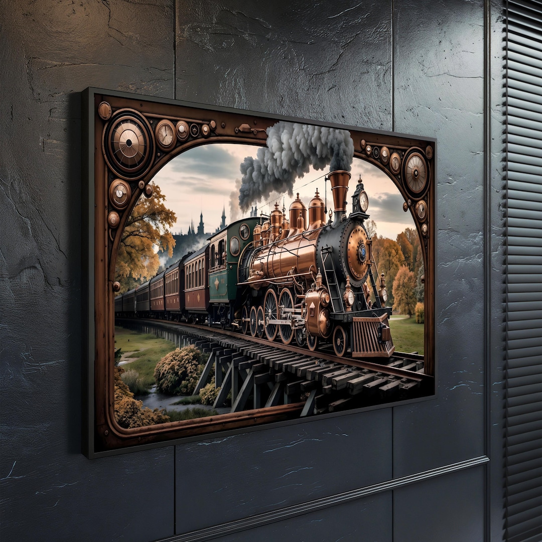 Vintage Steam Train Wall Art Canvas Steampunk Framed