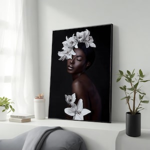 African Woman Canvas Print, Ready to Hang Wall Art, Black Woman Artwork, Floral Head, Gift for Her