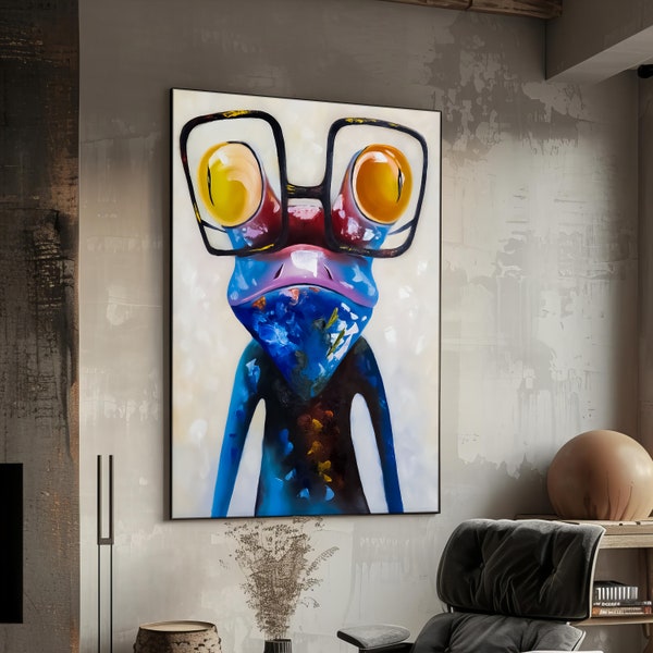 Lustiger Frosch mit Brille Leinwanddruck - Fröhliche Tier Wandkunst, Pop Art Frosch Dekor, Tier Pop Art, ideales Geschenk für lebenslustige Freunde