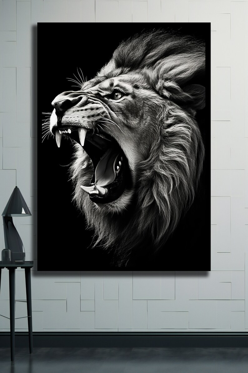 Roaring Lion Canvas Print, Black White Artwork, Animals Art, Animal