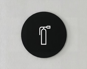 Modern minimalist acrylic black and white fire extinguisher logo, circular design.
