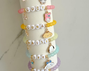 Sanrio Bracelet, Personalised Beaded Name Bracelet, Hello Kitty My Melody Cinnamoroll Pompompurin Charms, Handmade Birthday Favor, Kids Gift