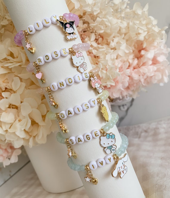 Sanrio Bracelet, Personalised Beaded Name Bracelet, Hello Kitty My Melody Cinnamoroll Pompompurin Charms, Handmade Birthday Favor, Kids Gift