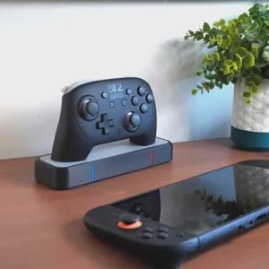 May include: A black Nintendo Switch Pro Controller on a charging dock with red and blue accents. A Nintendo Switch console with attached controllers is in the foreground. A decorative plant in a white and teal pot is in the background.