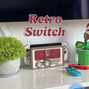 May include: A retro-style Nintendo Switch case in brown, cream, and red, resembling an old radio. The case has two knobs and a slot for a game cartridge. The text "Retro Switch" is displayed above the case.