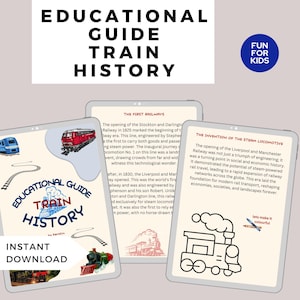 May include: Educational guide for kids about train history. The guide features illustrations of trains and text about the first railways and the invention of the steam locomotive. The guide is designed to be colored in.