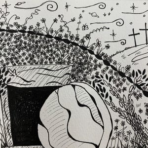 Disegno originale di Open Tomb, realizzato a mano con inchiostro nero su carta per acquerello da 5”x7”.