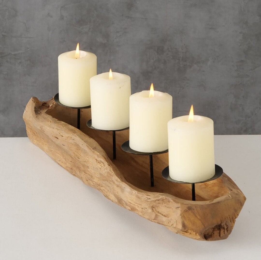 Carved Drift Wood Log Candle Holder Four Candles Etsy