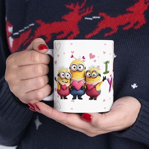 Valentine's Day Minions Mug, Cute Cup, Funny Despicable Me Characters, Coffee Mug, Novelty Gift for Cartoon Lovers, Heart Design, 11oz