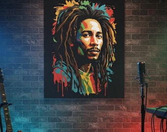 Toile Bob Marley | Portrait de légende du reggae | Décoration murale rasta | Art de la salle de musique | Impression sur toile | Cadeau Bob Marley
