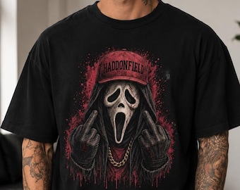 マスクをつけたホラーグラフィックTシャツ、ヴィンテージスラッシャーTシャツ、ゴシックストリートウェアシャツ、オーバーサイズホラーTシャツ、260GSMコットンユニセックストップ