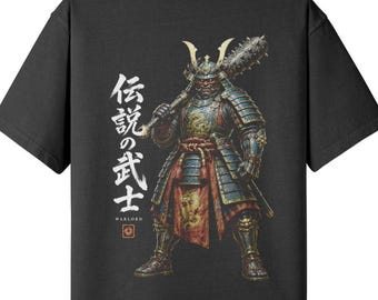 Samurai Warlord Shirt, Japanese Warrior Oversized T-Shirt, Faded Vintage Graphic Tee, Raw Hem Streetwear, Heavyweight Cotton Top