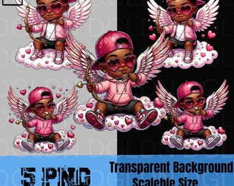 Ensemble PNG Cupidon noir pour tout-petit | Clipart urbain de la Saint-Valentin | Streetwear Melanin Boy Cupidon | Motifs sublimation de la Saint-Valentin | Art Afro Cupidon DTF
