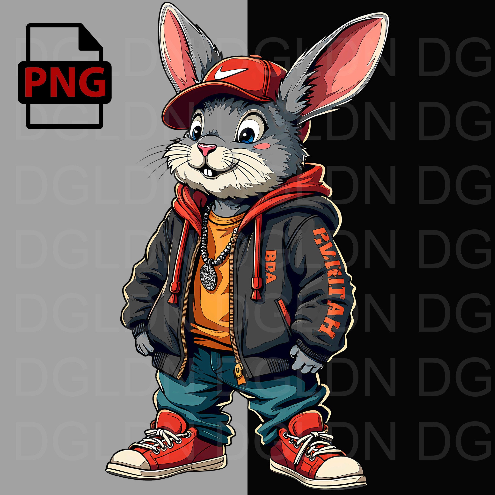 Streetwear Bunny Illustration: Urban Hip Hop PNG Art