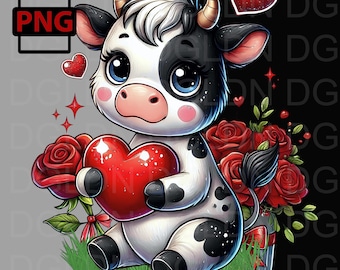 Clipart mucca di San Valentino - Mucca carina che tiene il cuore PNG per sublimazione - Download immediato per artigianato e regali