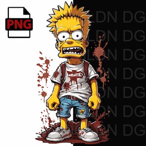 Könnte beinhalten: Eine gelbe Comicfigur mit stacheligem blonden Haar, die ein weißes T-Shirt mit roten Blutspritzer und dem aufgedruckten Wort "ARBATIC", blaue Jeans und weiße Turnschuhe trägt. Die Figur steht in einer Pfütze von roten Blutspritzer vor einem schwarzen Hintergrund.