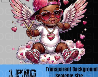Bébé Cupidon noir PNG | Sublimation urbaine pour la Saint-Valentin | Clipart ange hip hop | Chérubin chaîne coquine | Transfert DTF Streetwear Boy